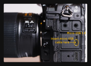 Illustration of where to insert a micro-USB plug on cameras with micro-USB 3.0 ports.