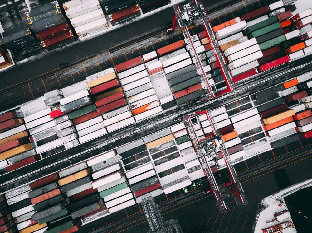 Drone shot of shipping containers.